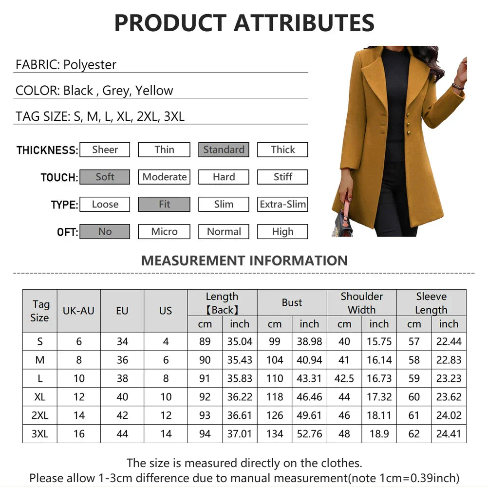 Womens Trench Coat Button Long Jacket Overcoat Winter