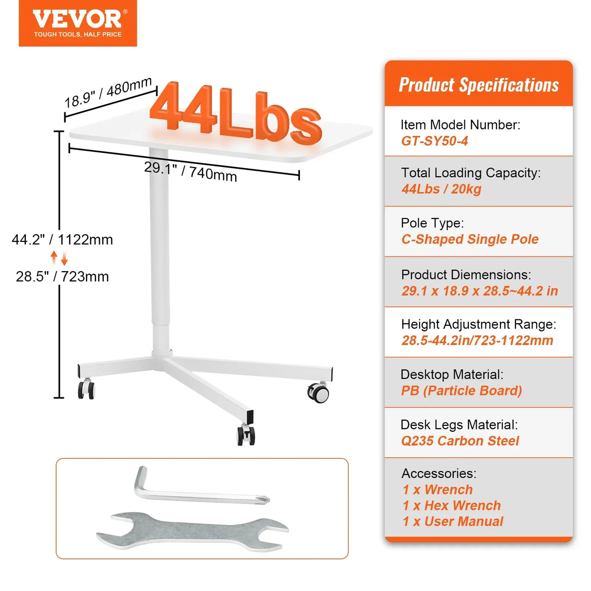 VEVOR 28"-44" Gas-Spring Height Adjustable Sit-Stand Desk W/