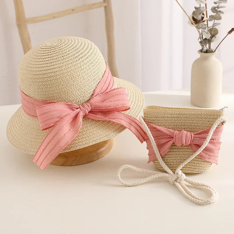 Kids Girls Straw Hat Handbag Set Wide Brim Lace Bow Sun Protection Cap  Summer Beach Bucket Cap Portable Handbag панама Gorras