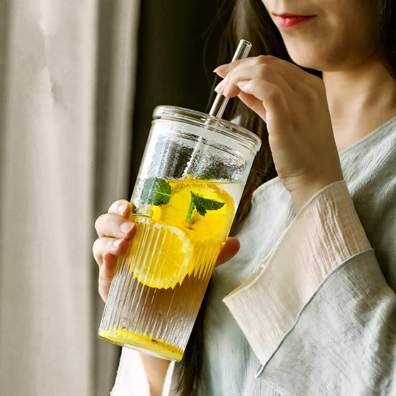 600ml Ins Stripe Glass Cup With Lid and