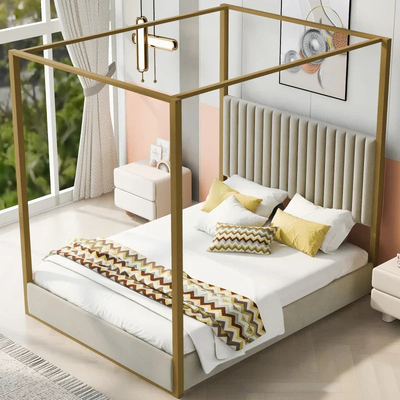 Queen Size Upholstery Canopy Platform Bed with Headboard and Metal Frame，Adult and adolescent double bed,single bed，marriage bed