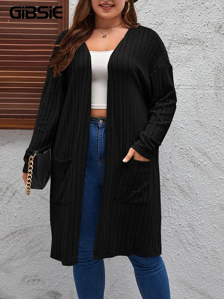 GIBSIE Plus Size Solid Rib Knit Open Front
