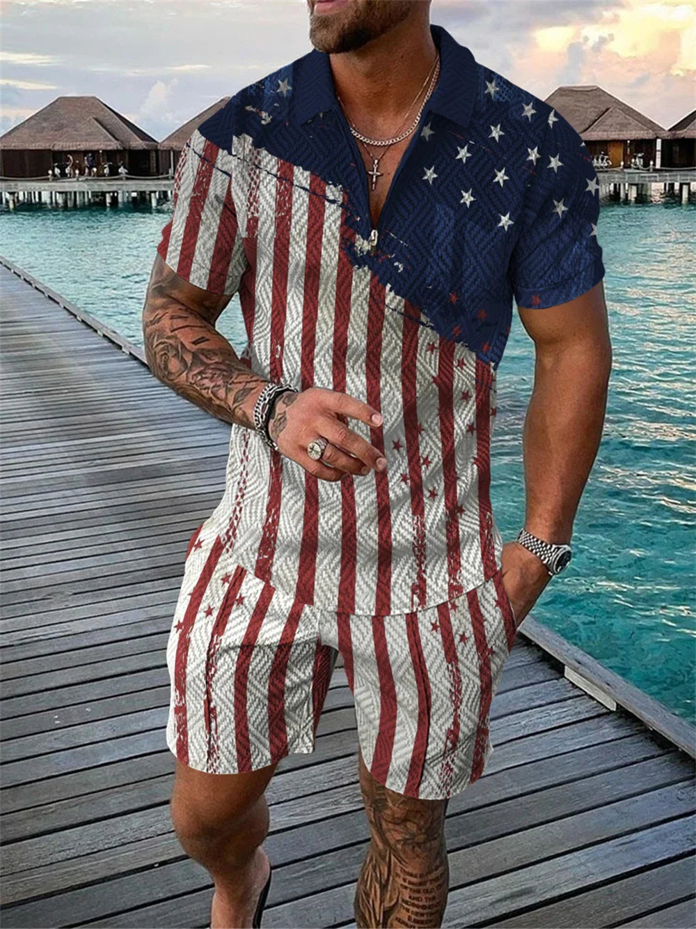 Men's Tracksuit Cotton Solid Color Short Sleeve Zipper