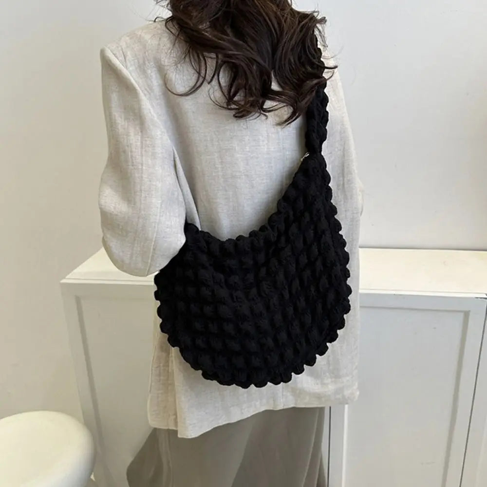 Plaid Quilted Shoulder Bag Cute Pleated Bubbles Solid