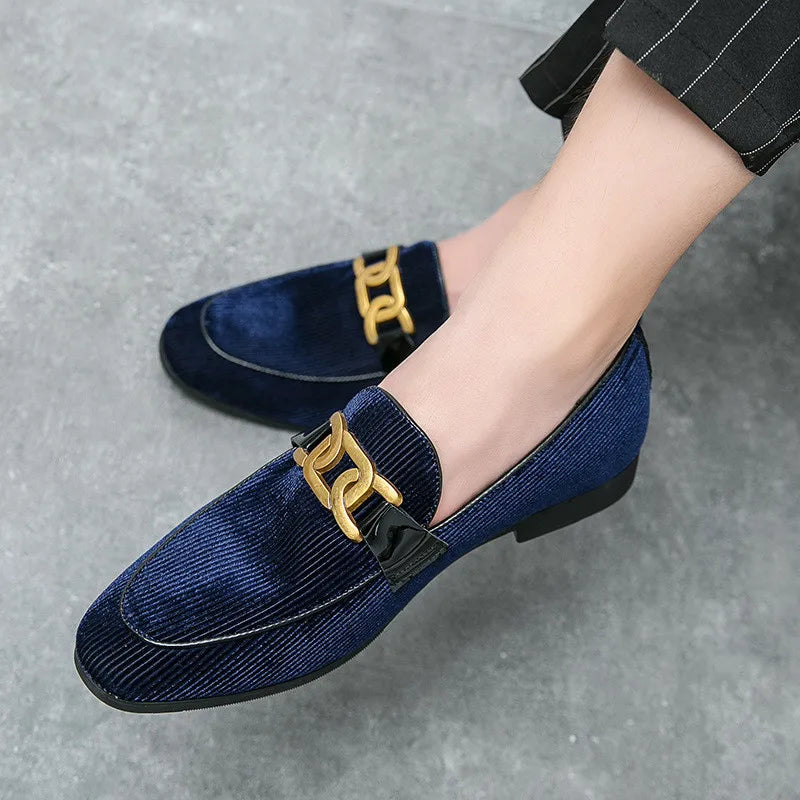 New Men Black Green Metal Buckle Corduroy Oxfords