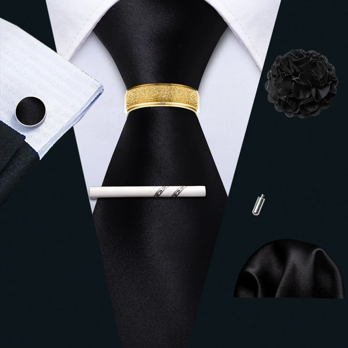 Barry.Wang Silk Mens Tie Hanky Cufflinks Clip Brooch