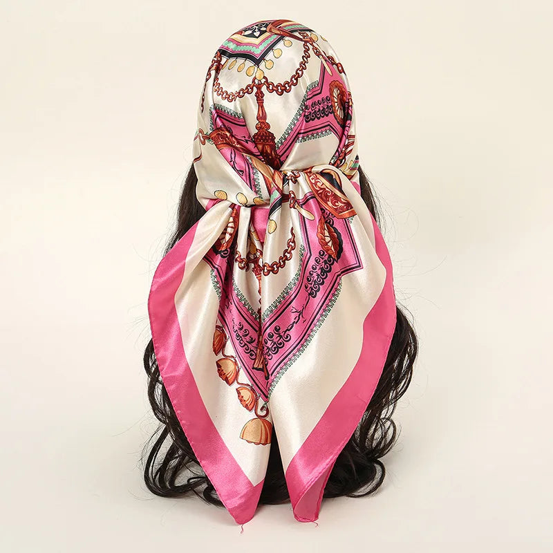 90CM Square Letter Patchwork Silk Satin Scarves Women