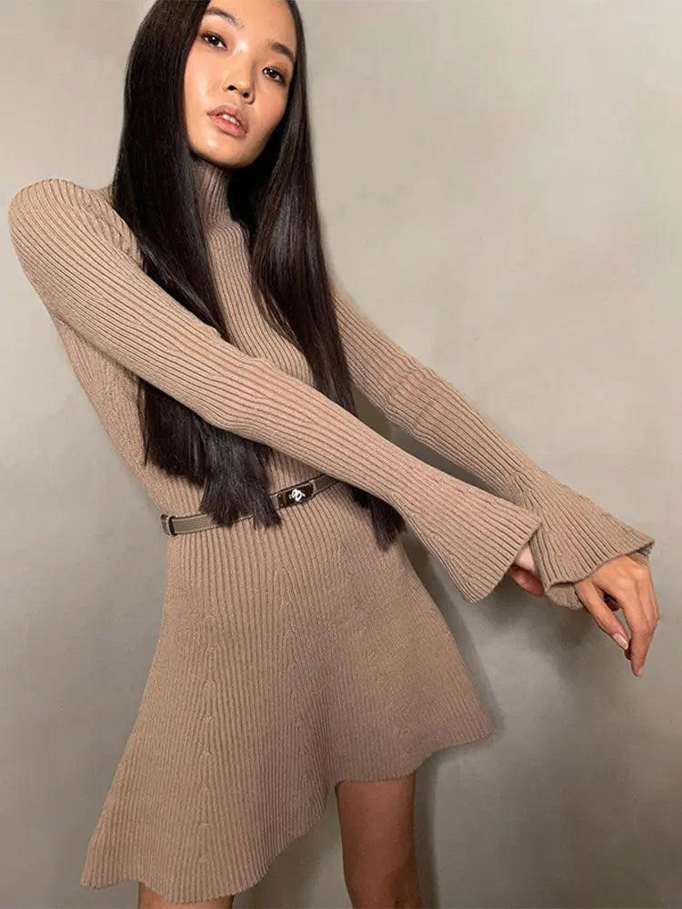 Ribbed Knitted Long Flare Sleeved Mini Dress Half