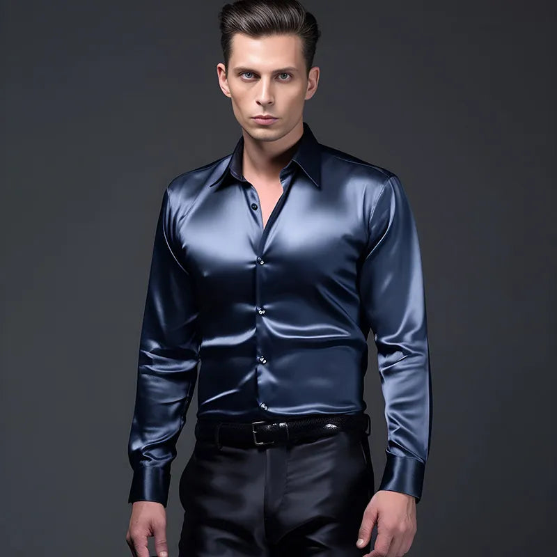 Mens Satin Silk Dress Shirt Long Sleeve Slim