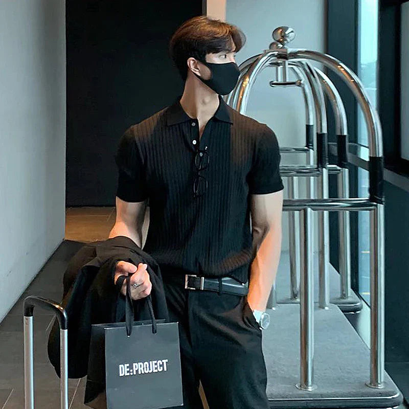 Men's Clothing Luxury Knit Polo Shirt Casual Striped