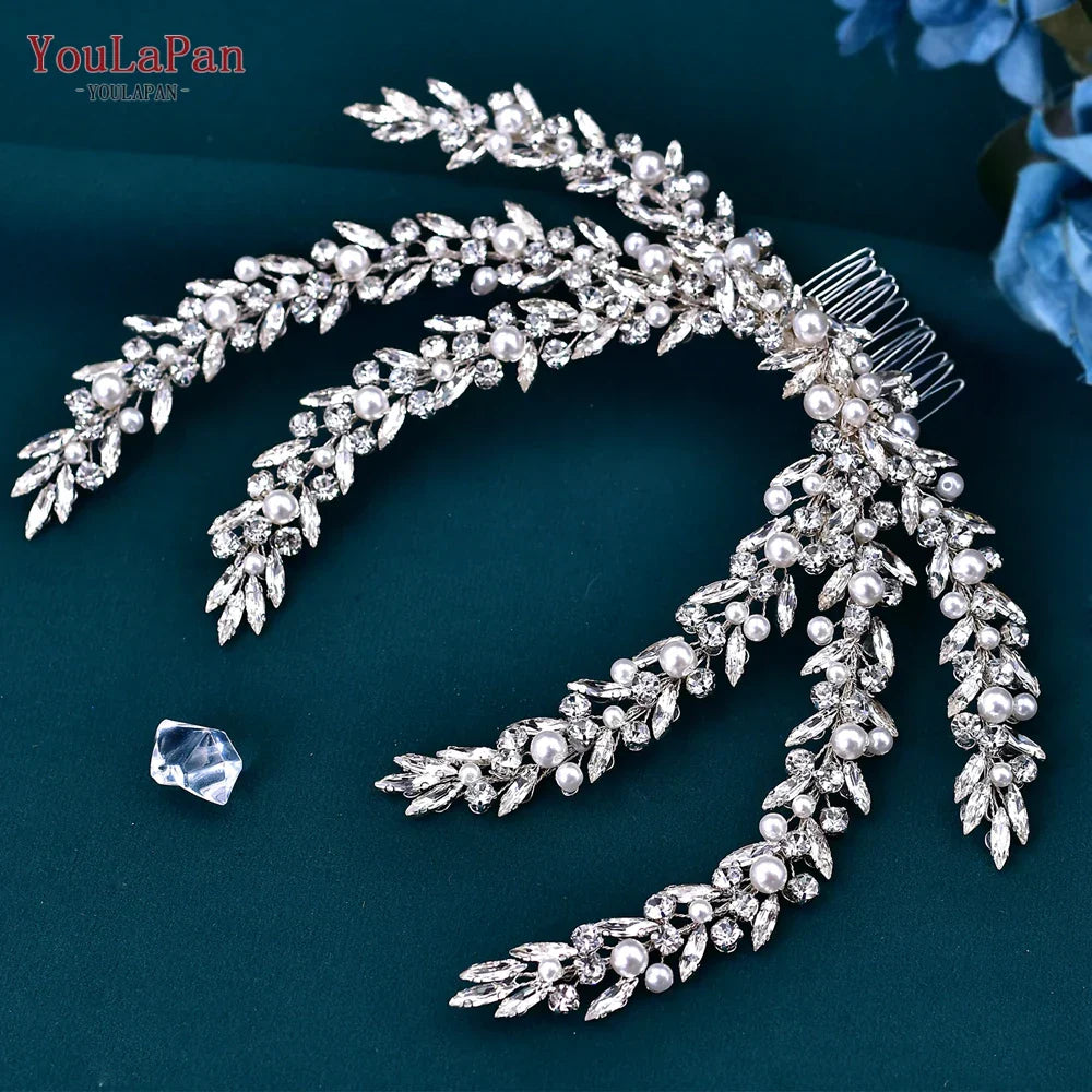 YouLaPan Rhinestone Pearl Headpiece with Comb Bridal Headwear