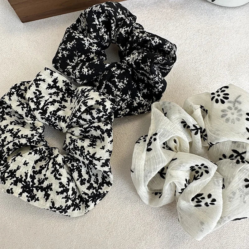 New Vintage Scrunchies Black White Flower Print Hair