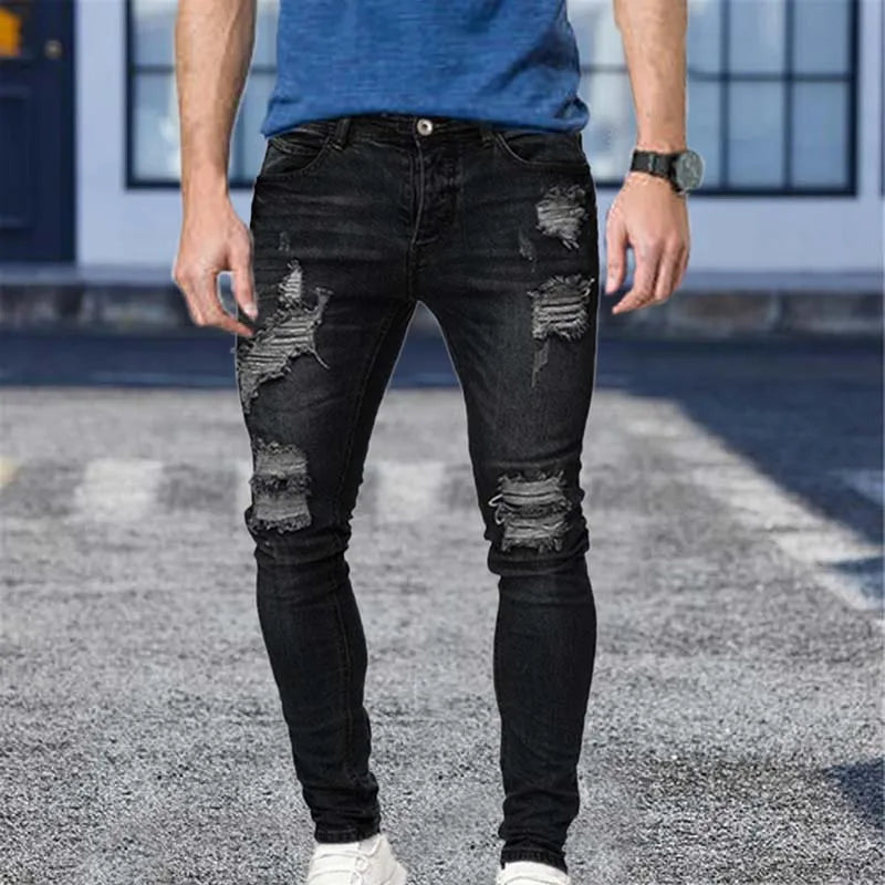 White Embroidery Jeans Men Cotton Stretchy Ripped Skinny