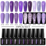 10Pcs Nude Glitter Gel Nail Polish Set Purple