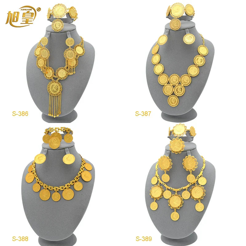 African 24K Gold Color Coins Necklace Bracelet Sets