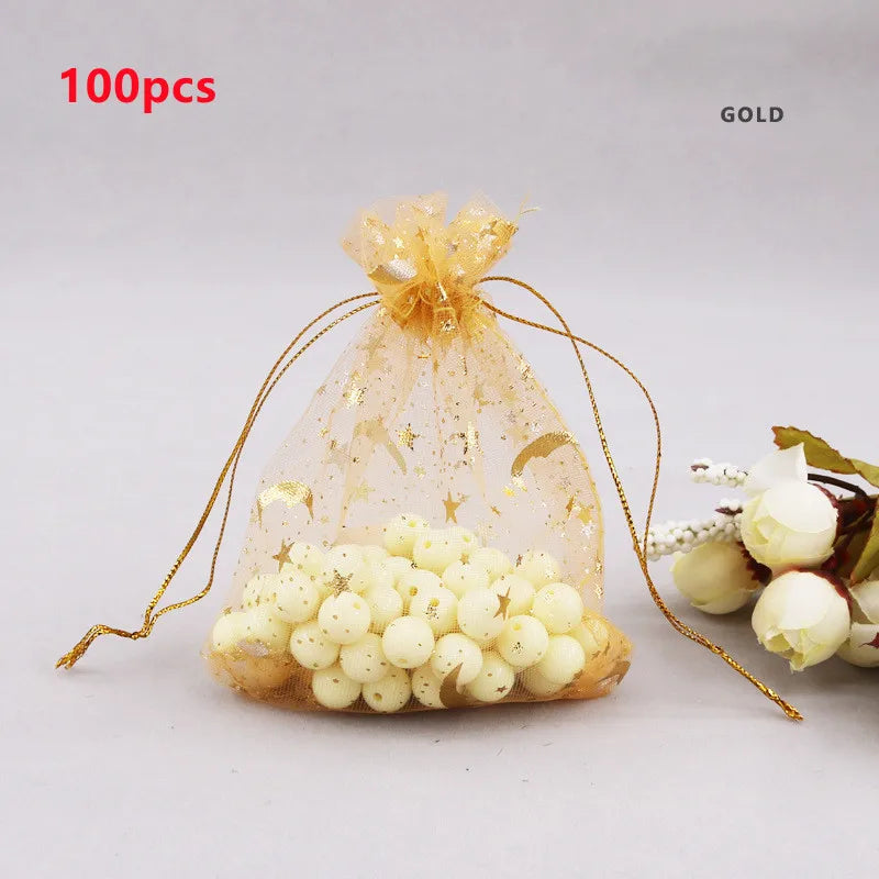 100pcs Moon Star Organza Drawstring Gift Bags 7x9cm Jewelry Packaging Pouches