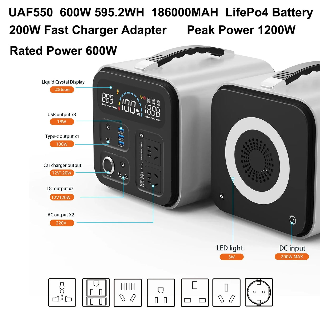 600W Lifepo4 Portable Power Station 595Wh (Peak 1100W)