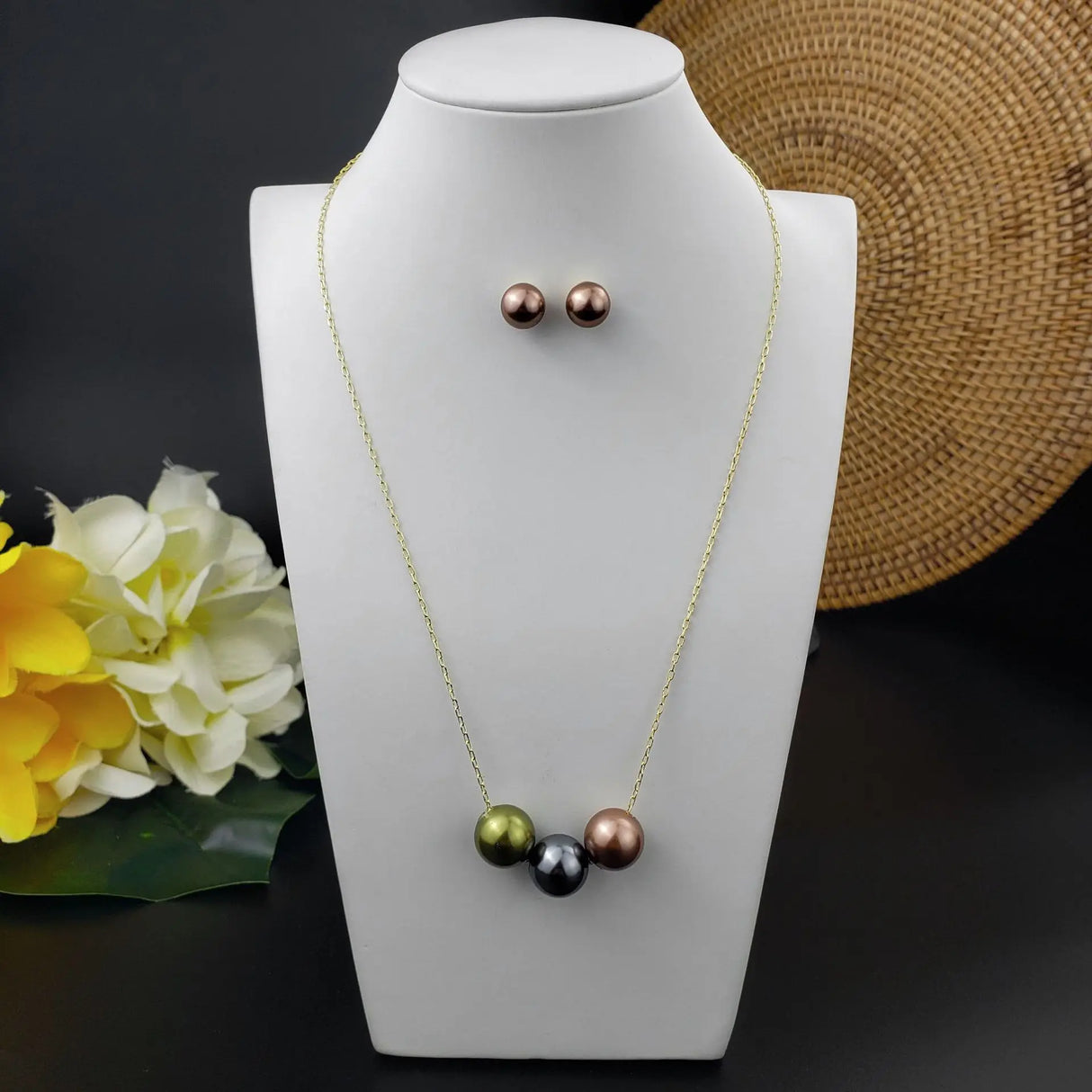 Lustrous Triple Round Floating Black Pearl Necklace Earring