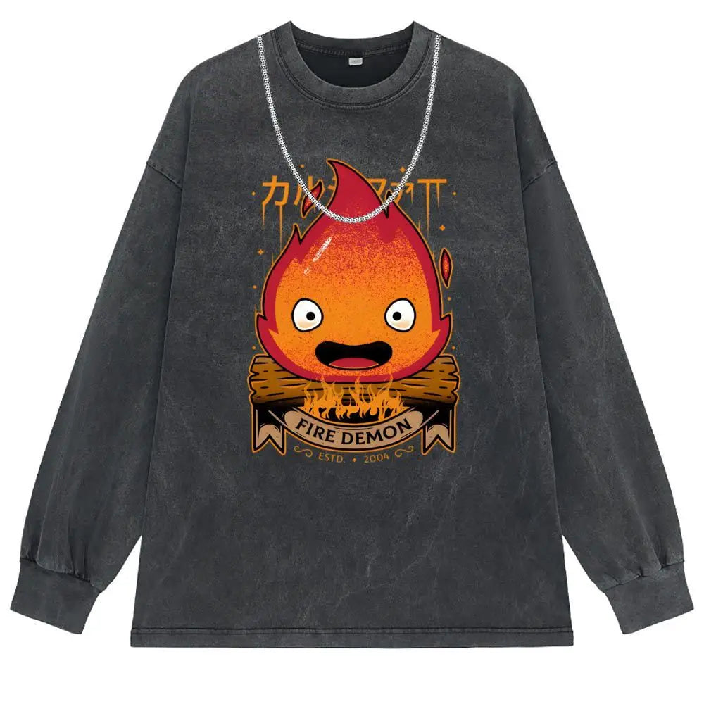 Calcifer Demon T Shirt Hip Hop Fall Washed