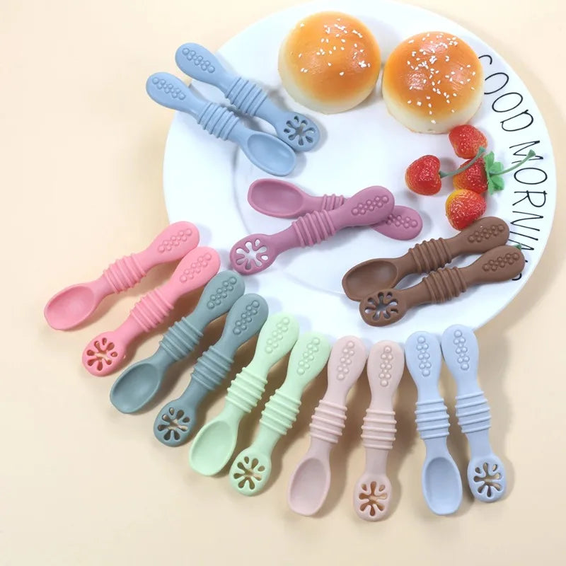2PCS Cute Baby Learning Spoons Utensils Set Food