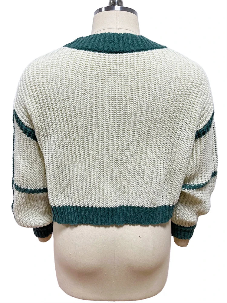 Autumn Winter Color Contrast V-neck Lady Knitting Cardigan