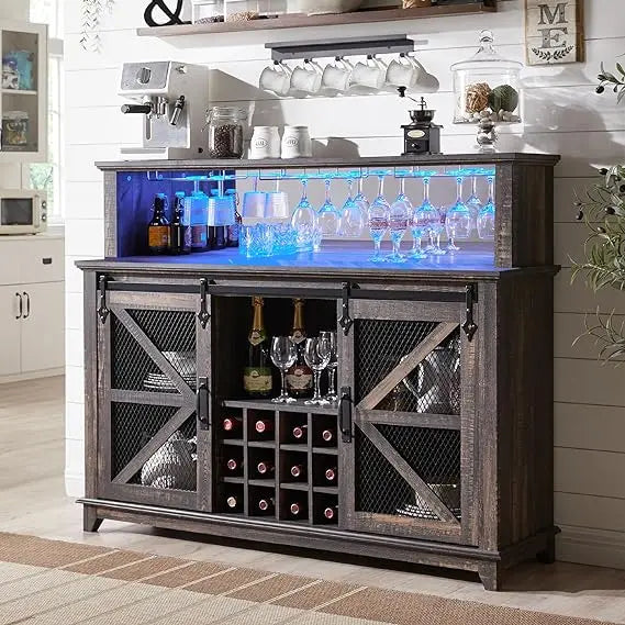 OKD Farmhouse Coffee Bar Cabinet with LED Lights,