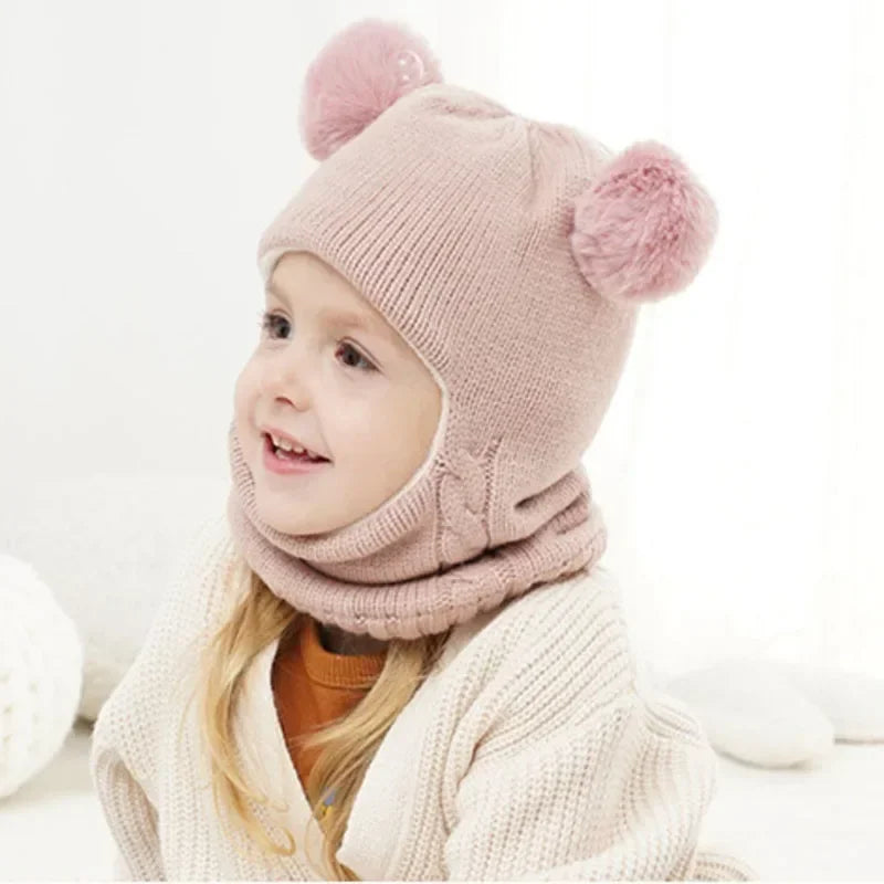 1-7Y Winter Baby Hat Scarf One-Piece Pompom Knit