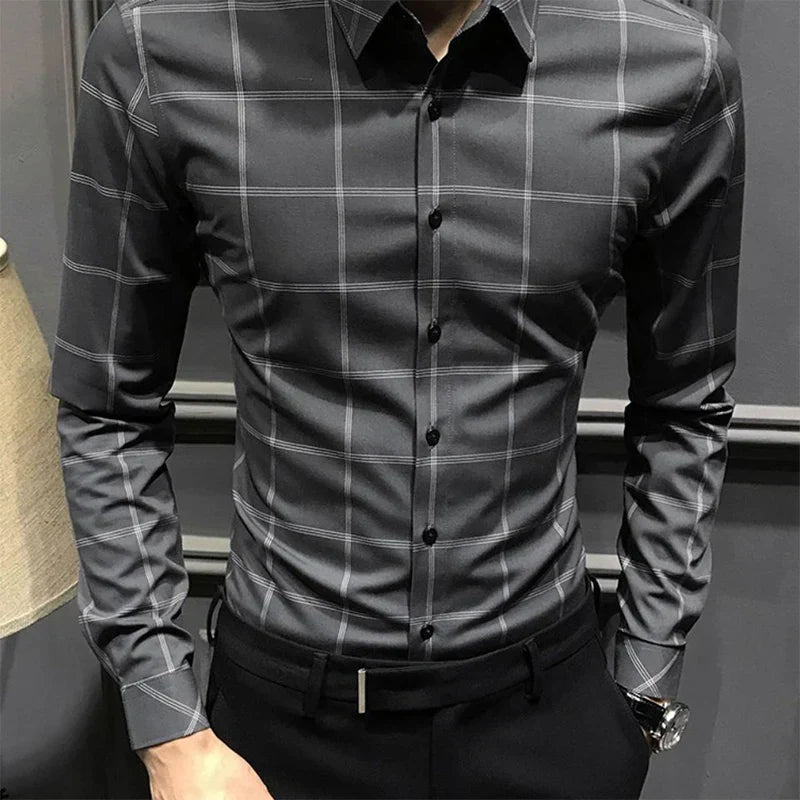 Spring Autumn Polo-neck Plaid Printed Bottoming Shirt Male
