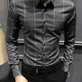 Spring Autumn Polo-neck Plaid Printed Bottoming Shirt Male