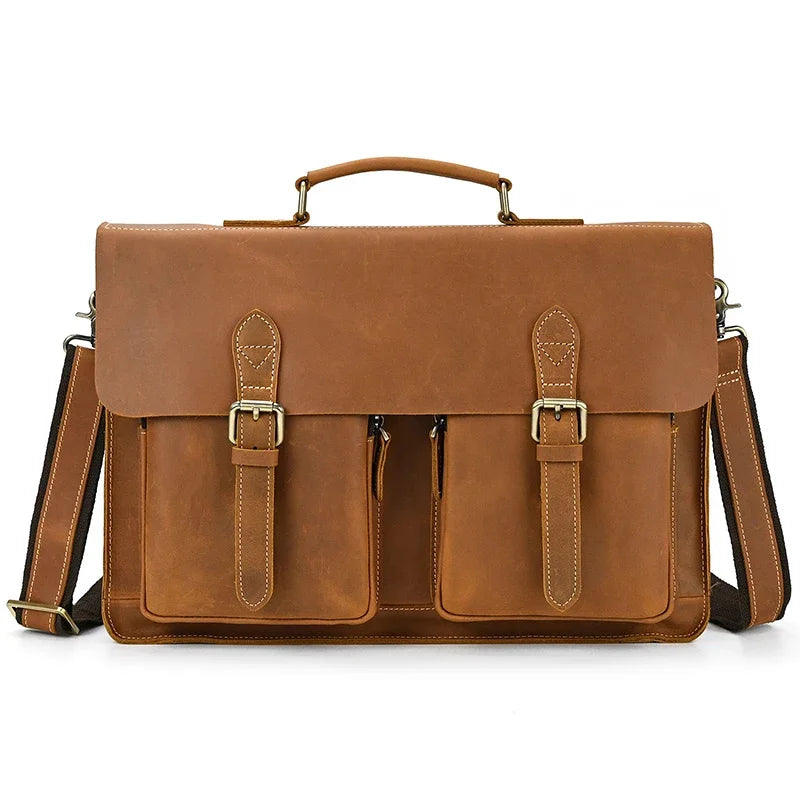 15.6" Genuine Leather Laptop Bag for Men - Cowhide Briefcase & Messenger Tote