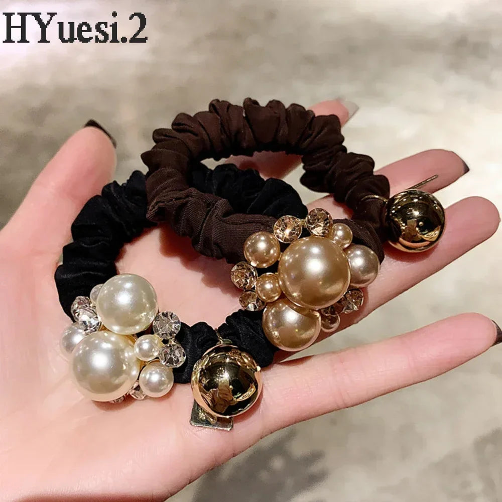 Luxury Rhinestone Pearl Hair Ties Ropes Women Girls