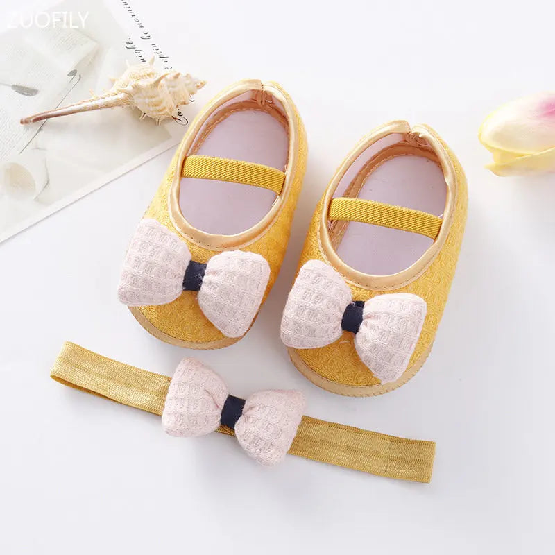 0~18M Cute Bowknot Newborn Baby Shoes Headband Set