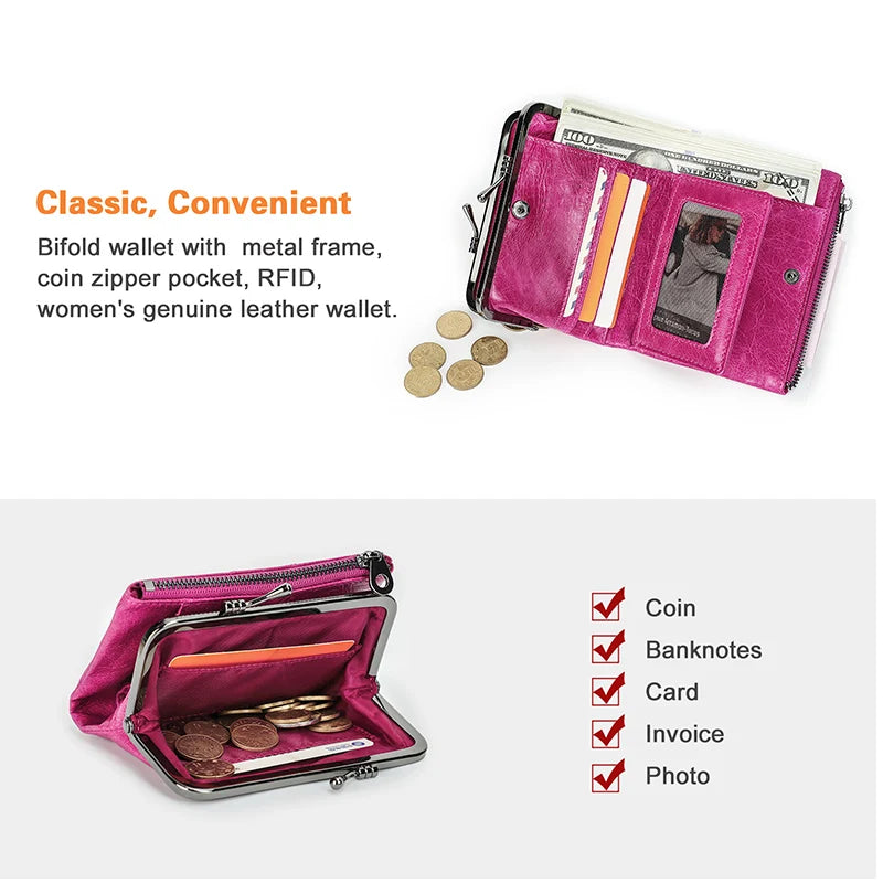 Contact'S Metal Frame Wallet Ladies Purse Women Cowhide Vintage Hasp and Zipper Red Small Purses for Woman ID Cards And Coin