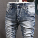 Fashion Designer Men Jeans Retro Light Blue Stretch