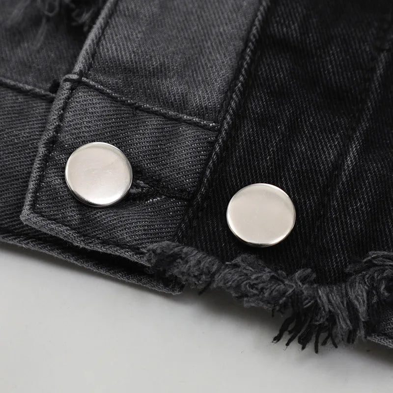 American High Street Washed Gray-black Stitching Pierced Denim