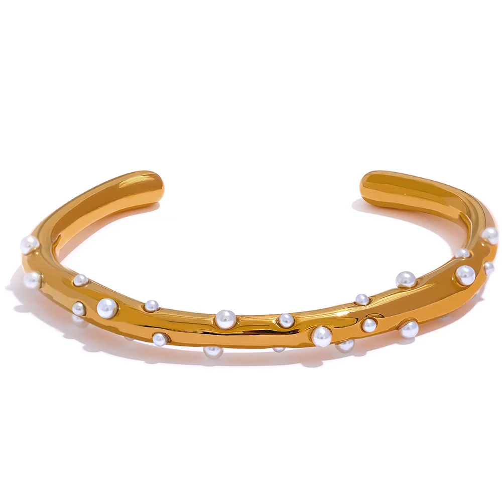 Yhpup Elegant Imitation Pearls Stainless Steel Gold Color