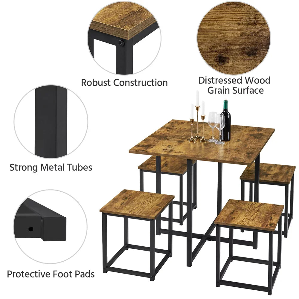 5 Pcs Dining Set with Industrial Square Table