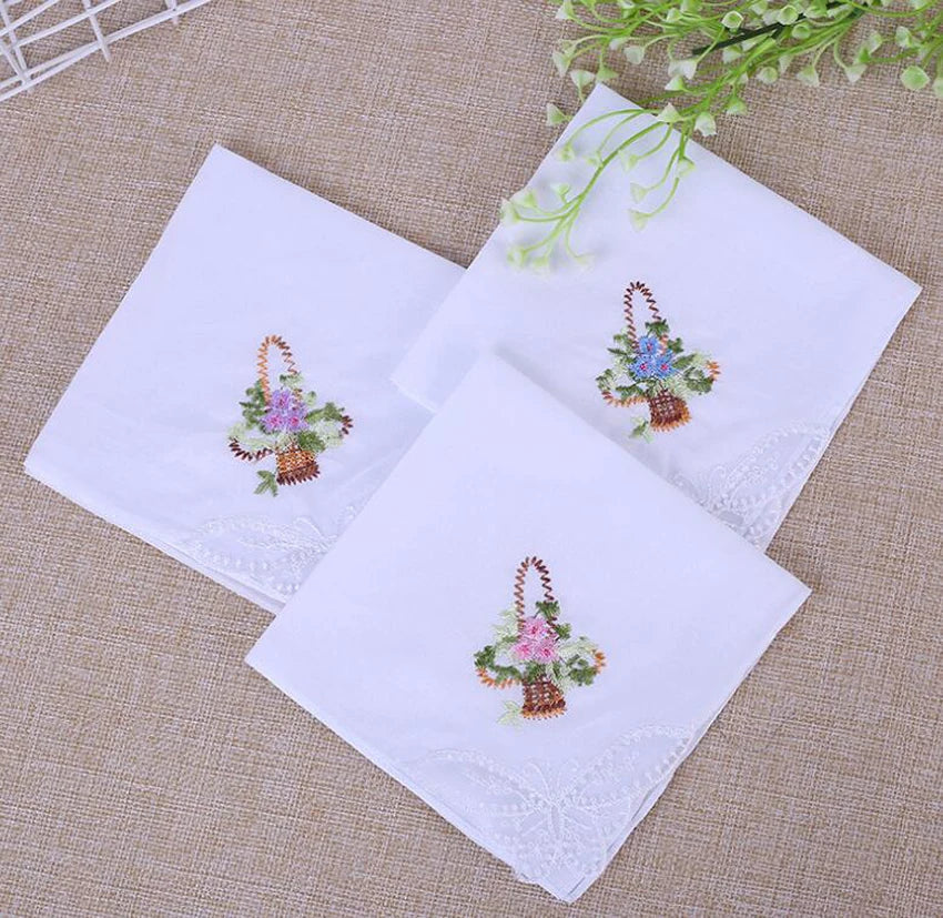 10pcs Handkerchief Cotton Floral Embroidery Lace Edge Square