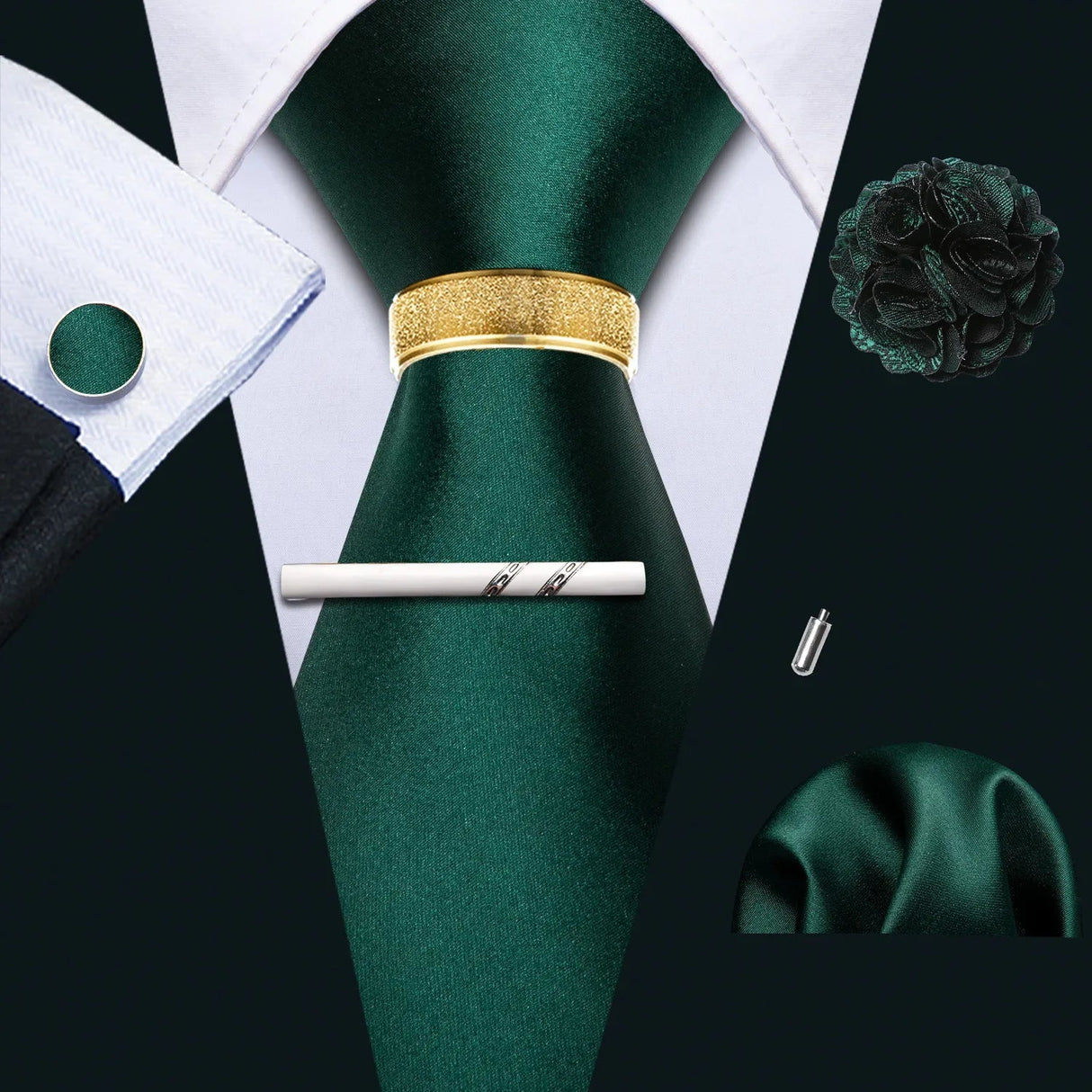 Barry.Wang Silk Mens Tie Hanky Cufflinks Clip Brooch