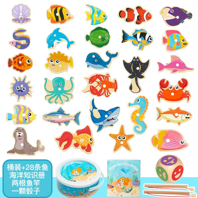 Wooden Magnetic Fishing Toys Baby Cartoon Marine Life