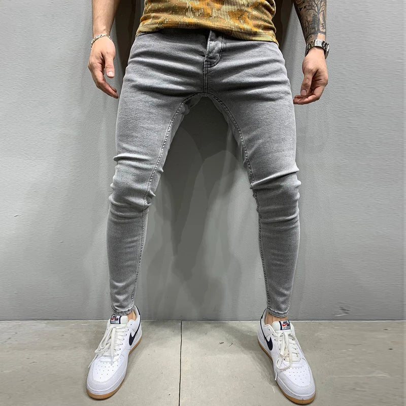 White Embroidery Jeans Men Cotton Stretchy Ripped Skinny