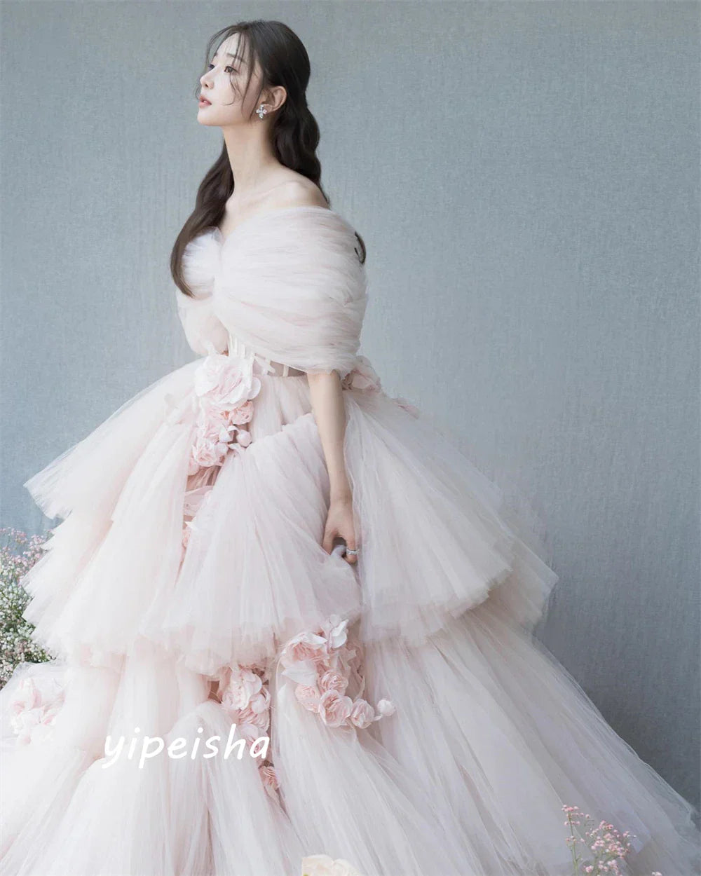 Yipeisha Intricate Exquisite Strapless Ball Gown Flower Draped