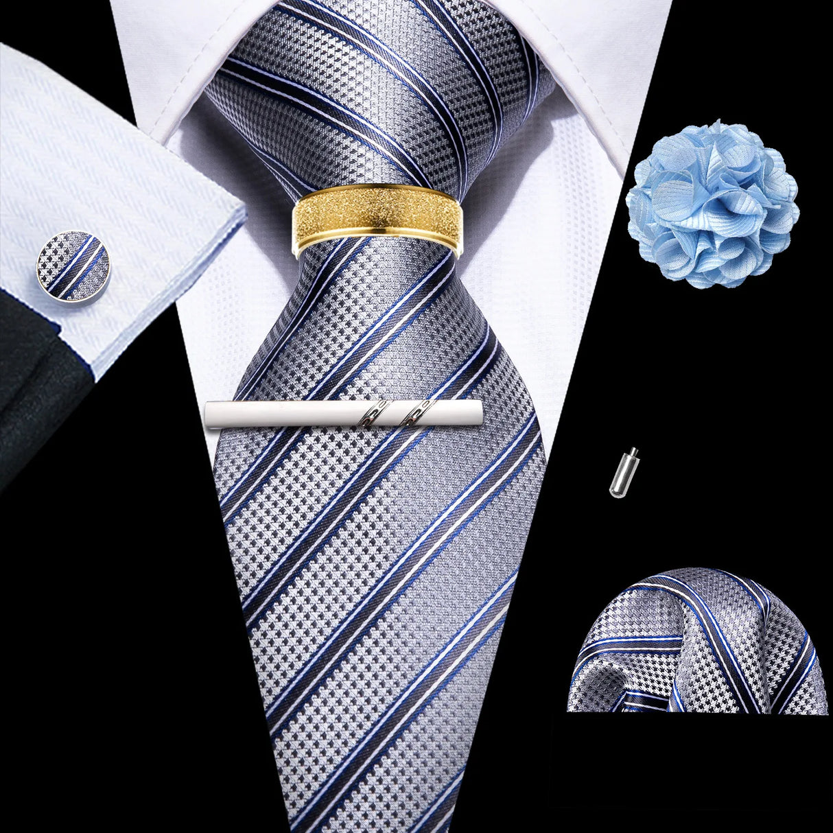 Barry.Wang Silk Mens Tie Hanky Cufflinks Clip Brooch