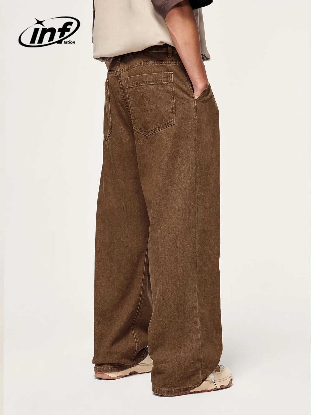 INFLATION Brown Retro Washed Denim Pants Unisex Classic