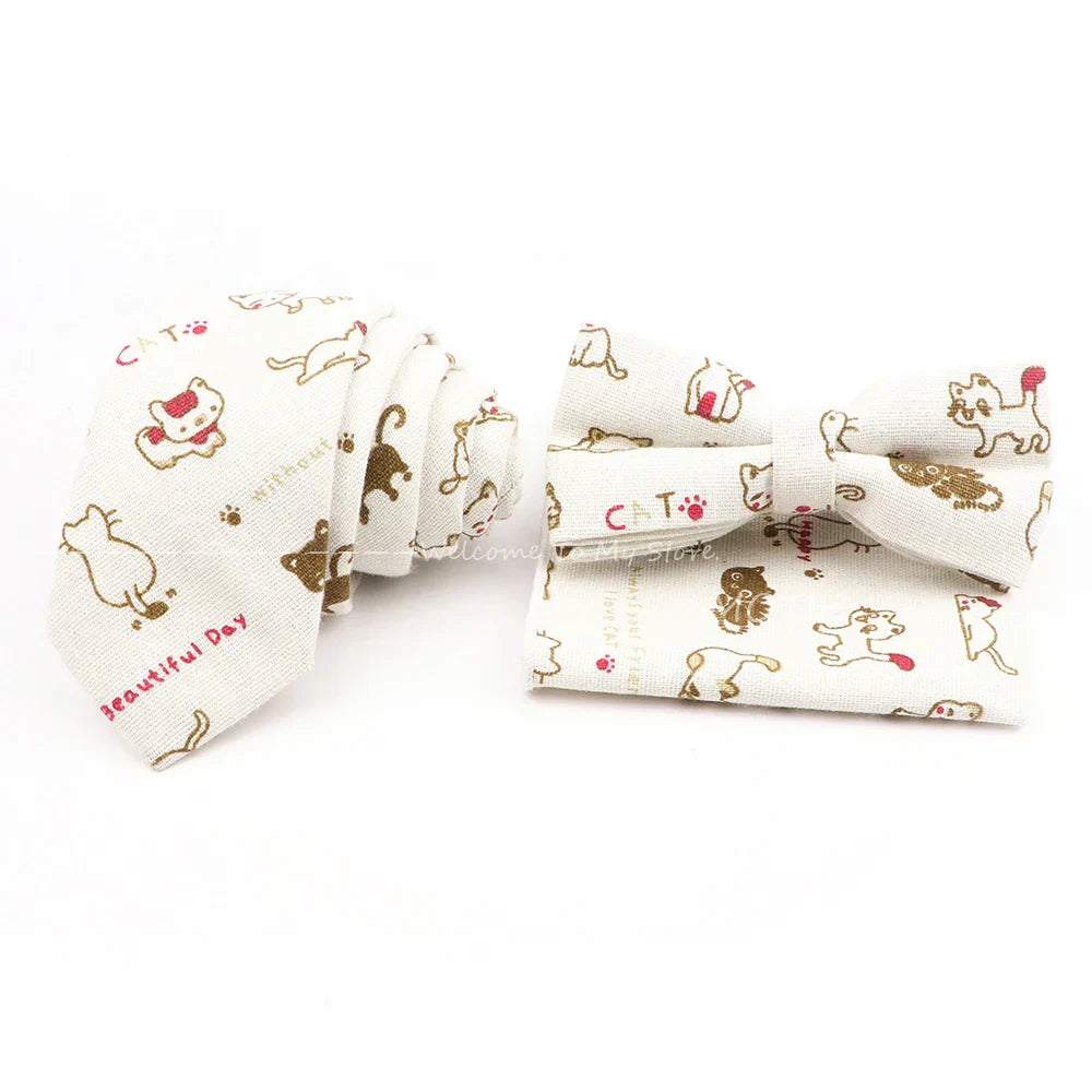 Men Linen Plant Ainmal Ties Set Pocket Handkerchief