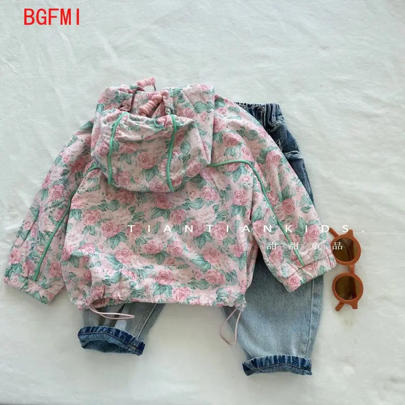 90-130cm Children's Pink Floral Flower Hooded Coat Toddler
