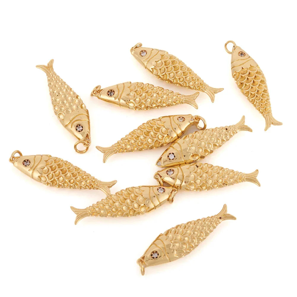 Pandahall 10Pcs Golden Fish Pendants Brass Cubic Zirconia