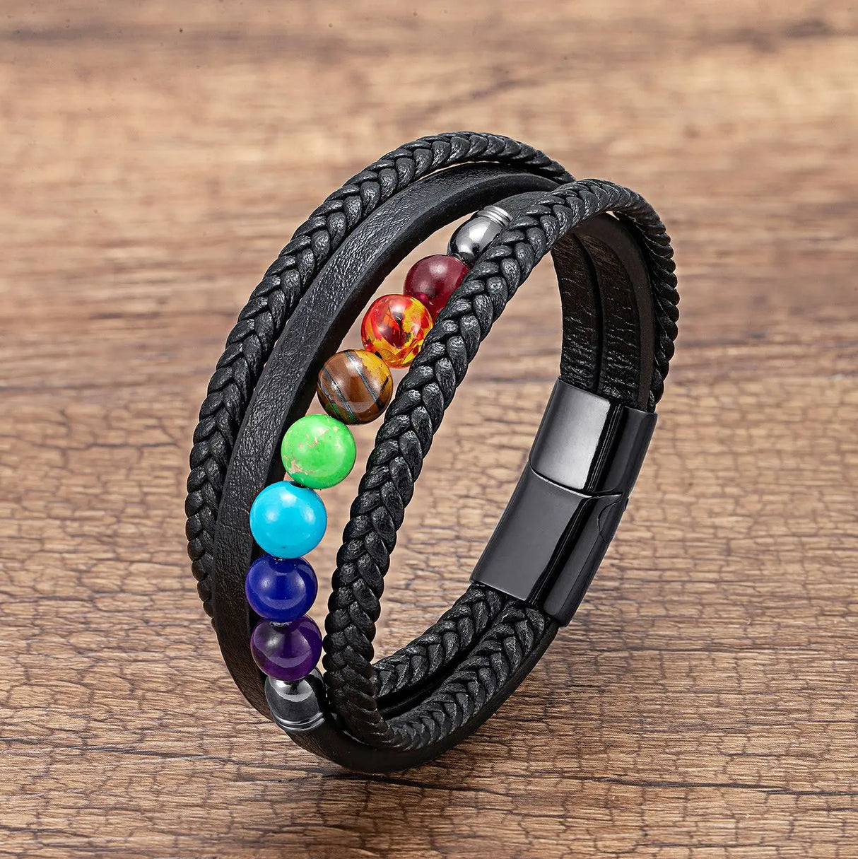 Stainless Steel Genuine Men‘s Leather Bracelet Natural Chakra Stone Bead Bracelet Trendy Designer Luxury Man Bracelet Jewelry