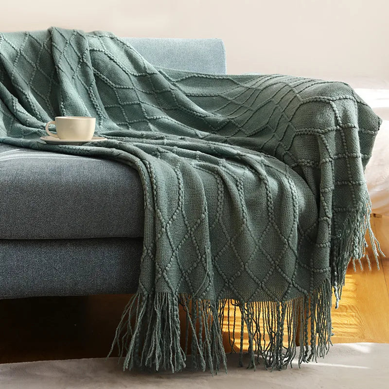 Textured Knitted Throw Blankets with Tassels Cozy Woven