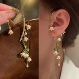 Fashion Bell Orchid Flower Pearl Tassel Clip Earrings